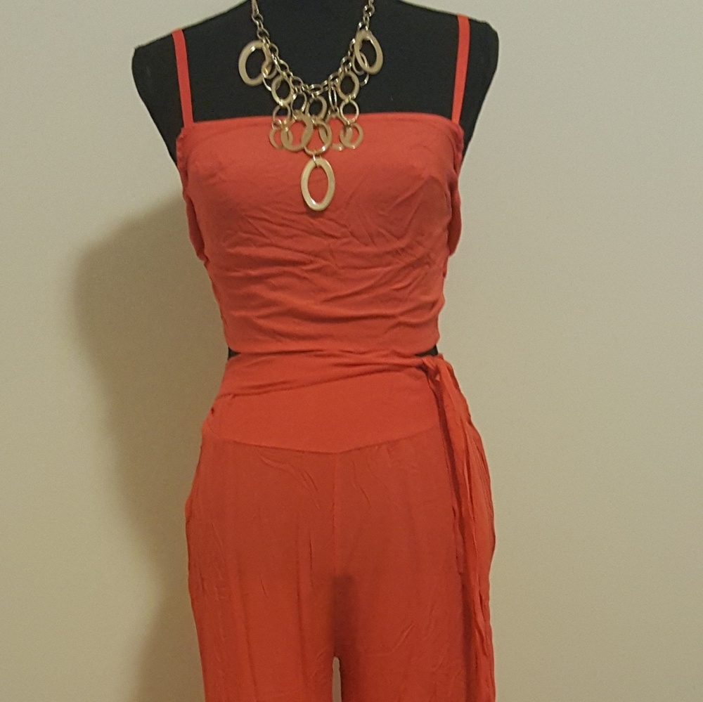 Cute Crop Top &  Wide Leg Two Piece Set (Orange)